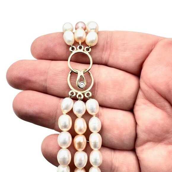 14K Gold Diamond Clasp Womens Multi Strand Pearl Estate Necklace Original Box - Picture 4 of 9